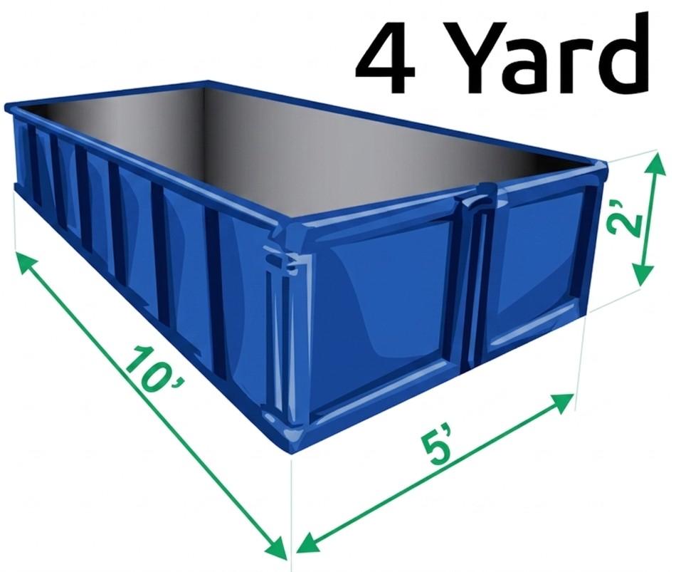 4-yard disposal bin dimension, compact spatial footprint needed for driveway-safe soil, brick, and heavy concrete fill projects.